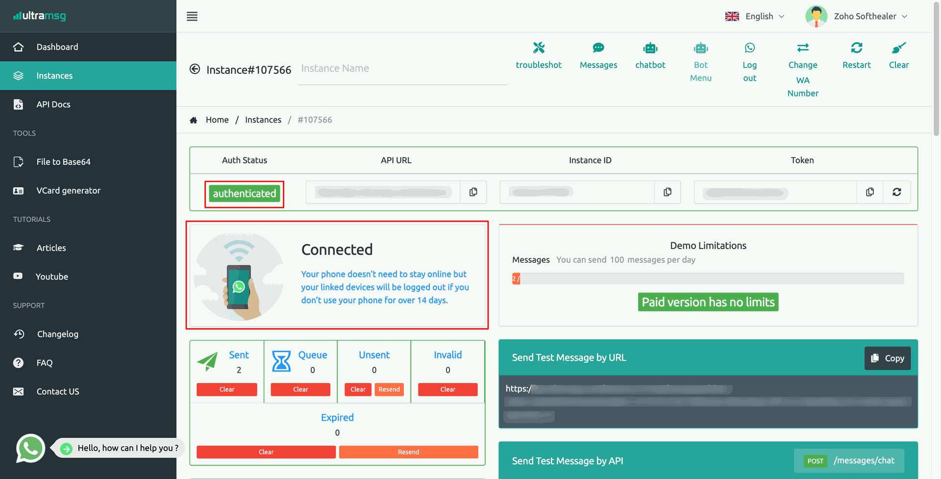 WhatsApp authentication status and webhook URL