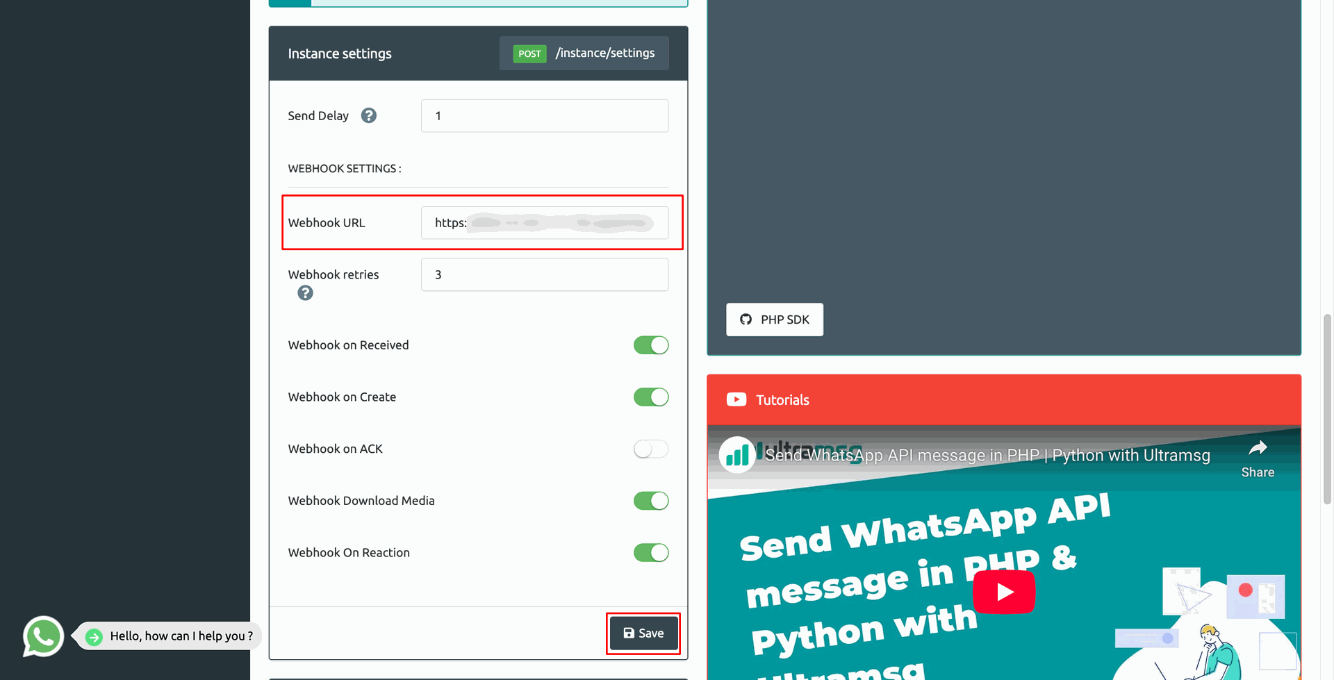 Ultramsg webhook settings and URL configuration