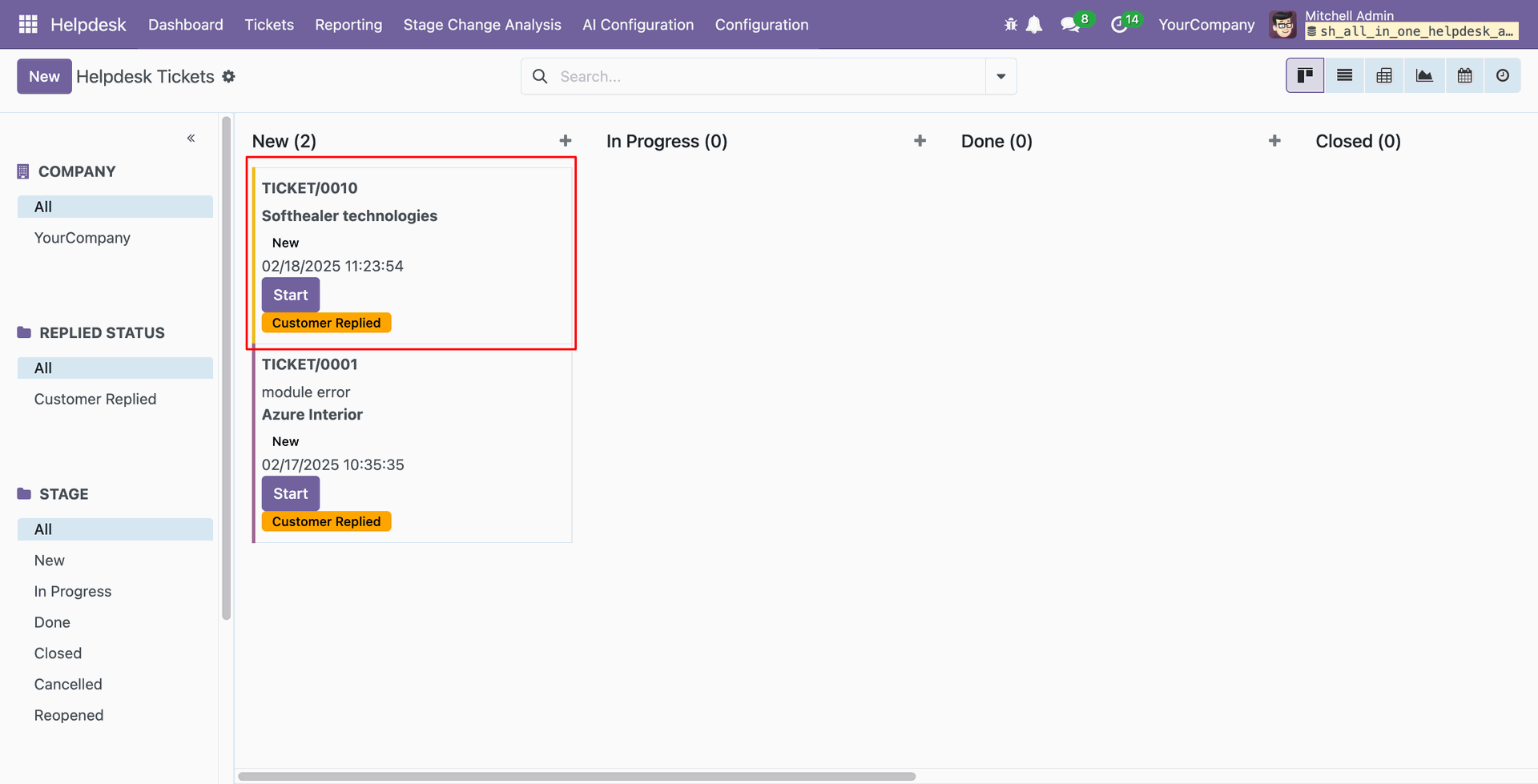 New WhatsApp ticket in Helpdesk Kanban view