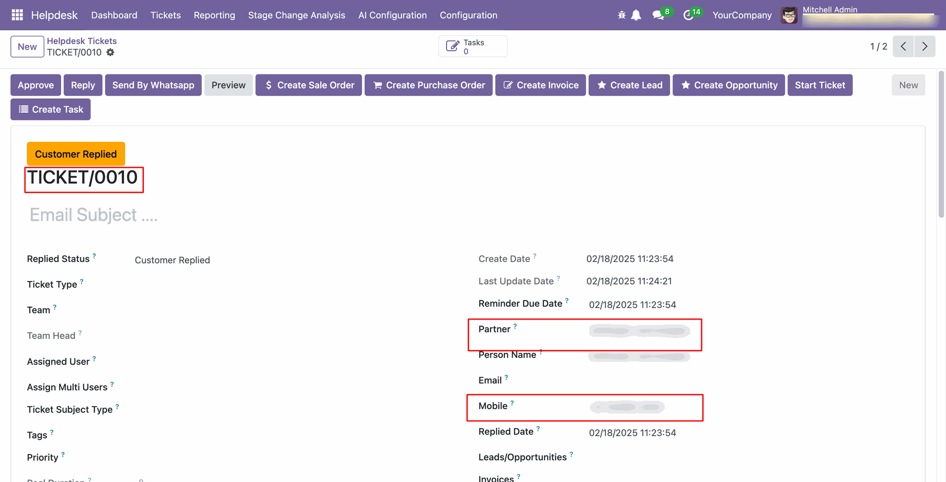 WhatsApp customer details in helpdesk ticket