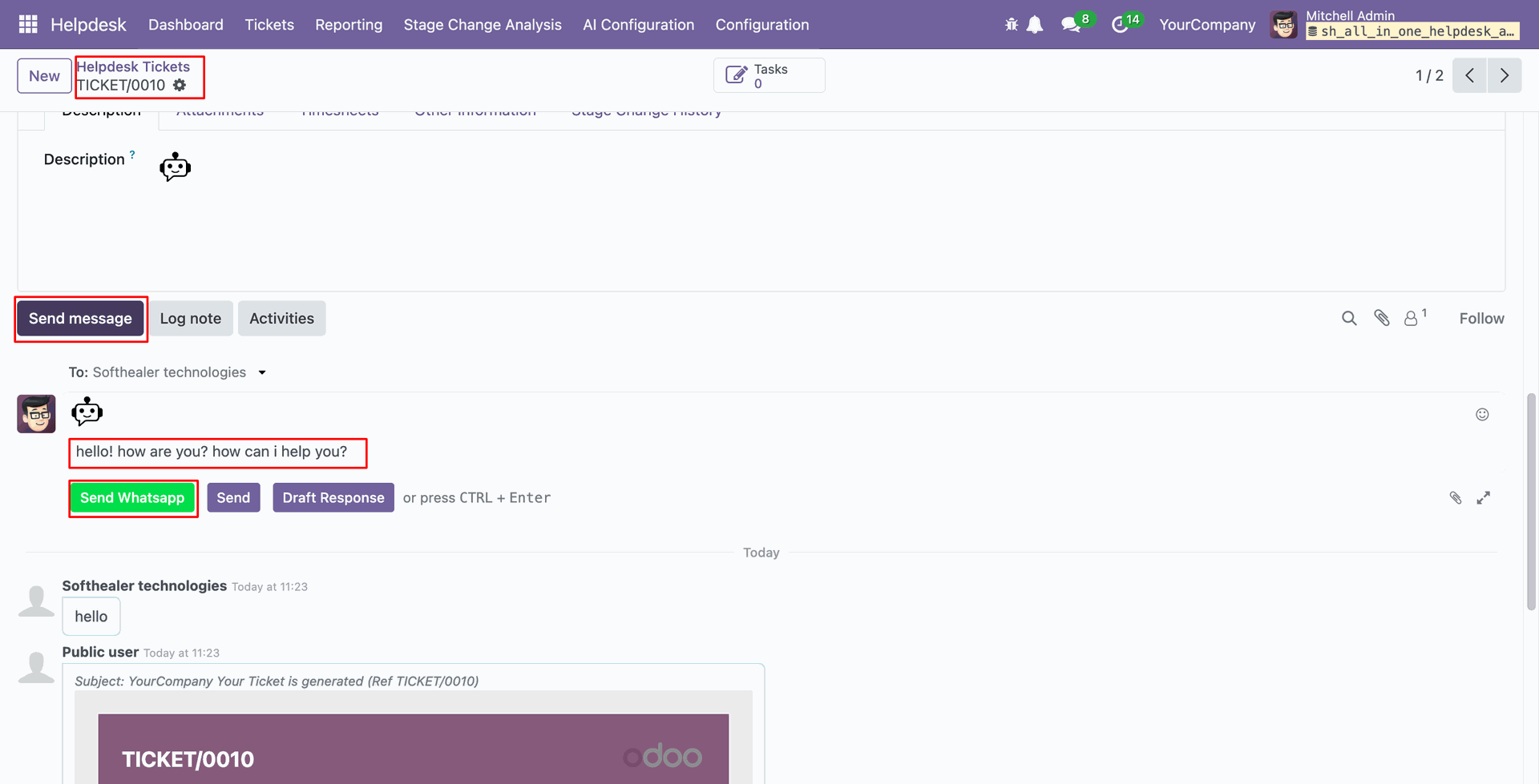Send WhatsApp message from helpdesk ticket