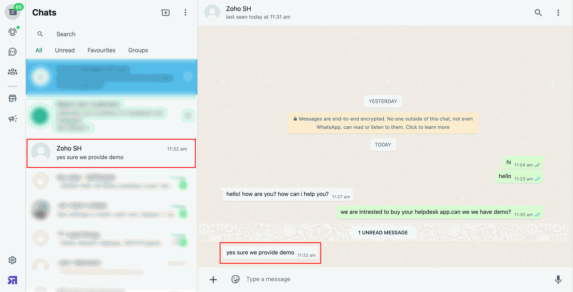 Helpdesk response received on WhatsApp