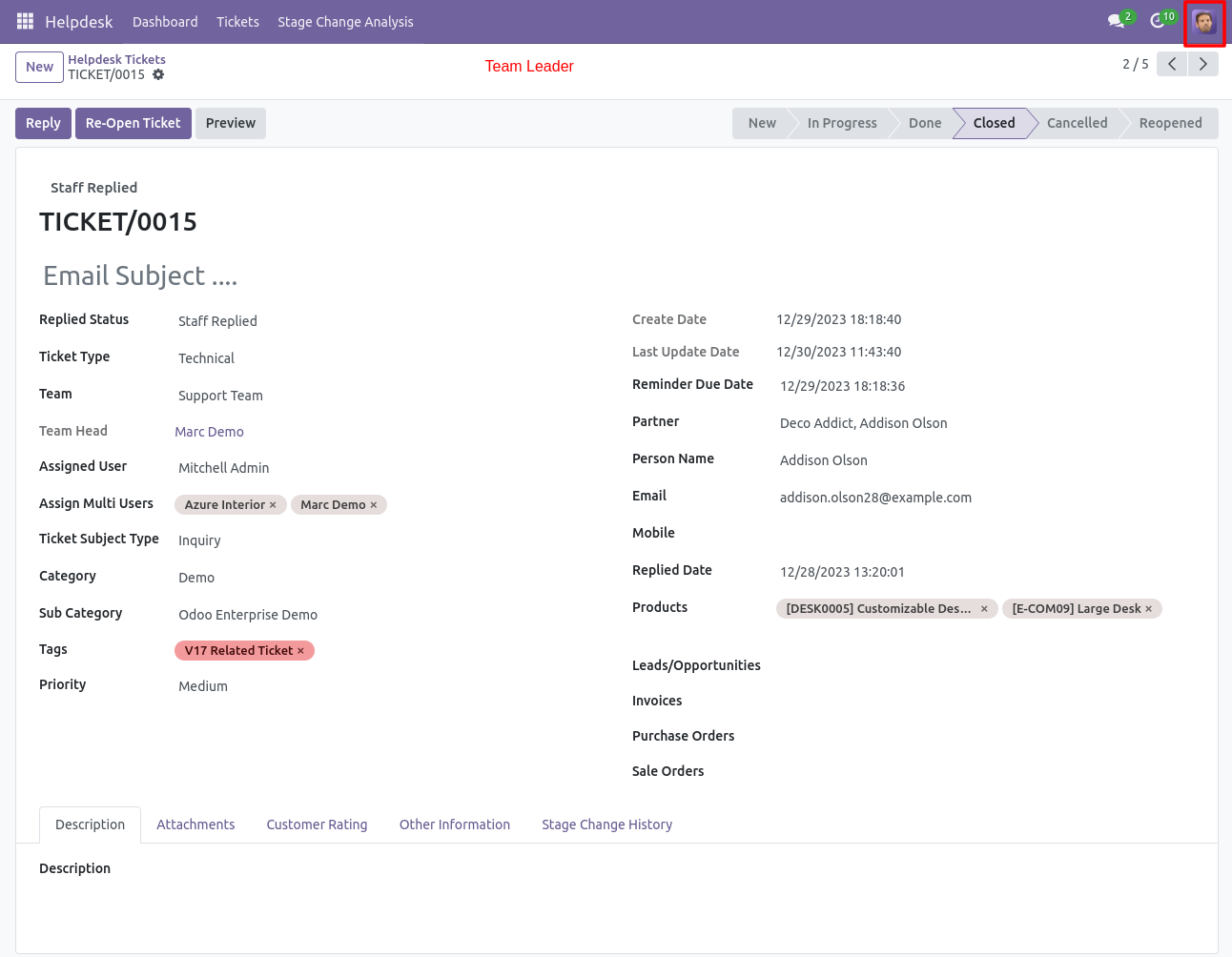 Helpdesk form view for team leader