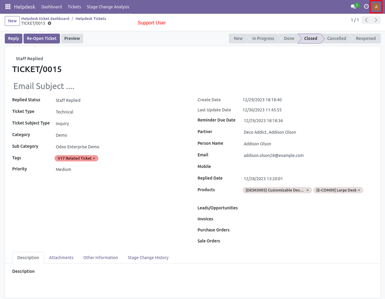 Helpdesk form view for support user