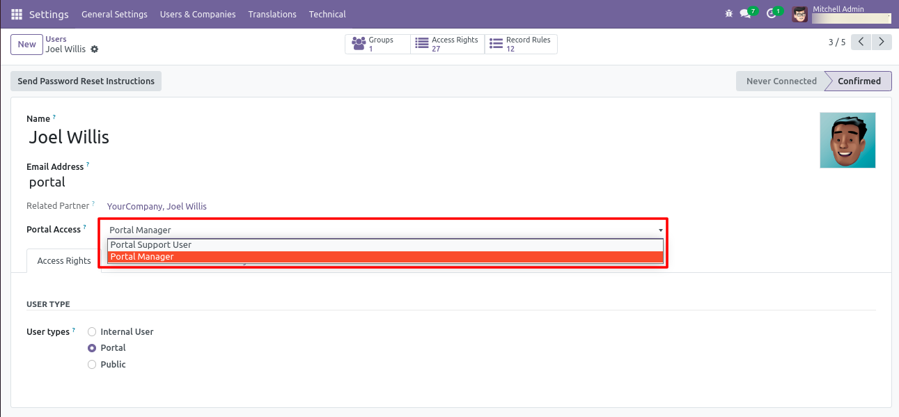 Portal user access rights in Helpdesk configuration