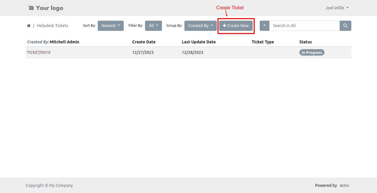 Create button for a new portal helpdesk ticket