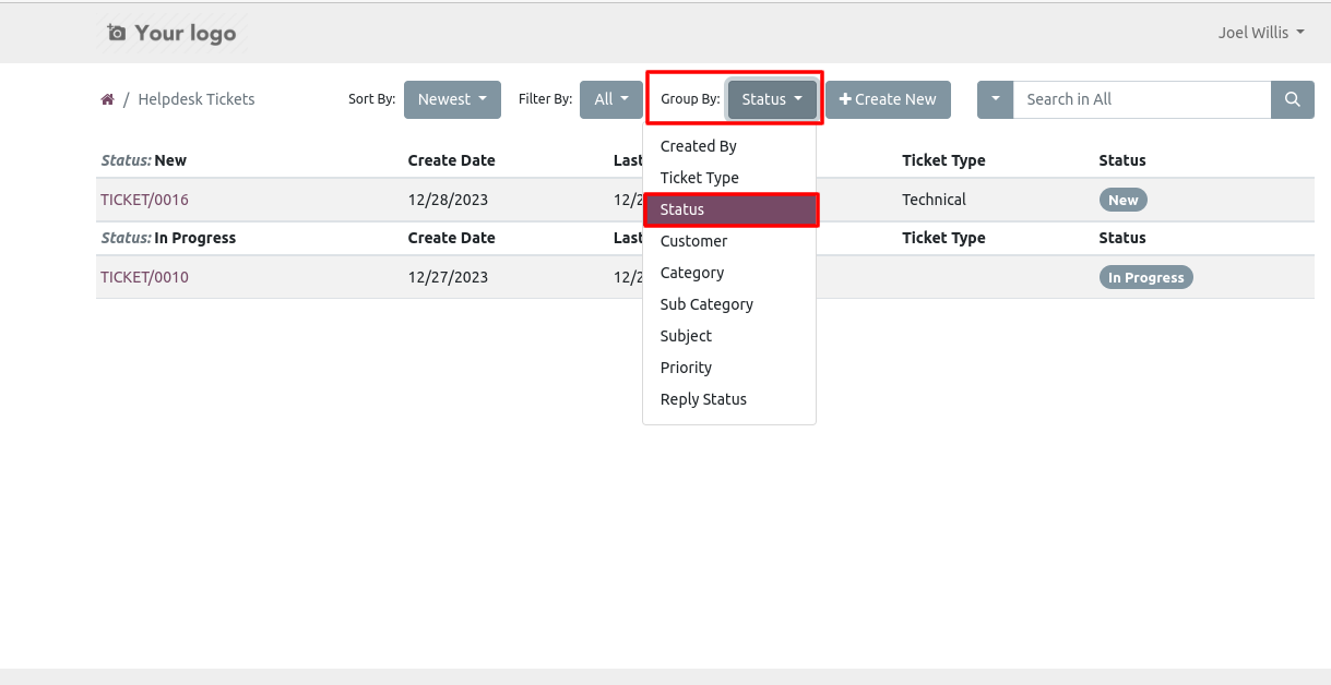 Portal helpdesk tickets grouped by ticket details