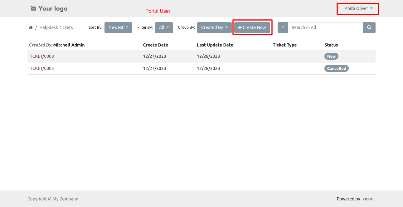 Portal Support User creating a new Helpdesk ticket