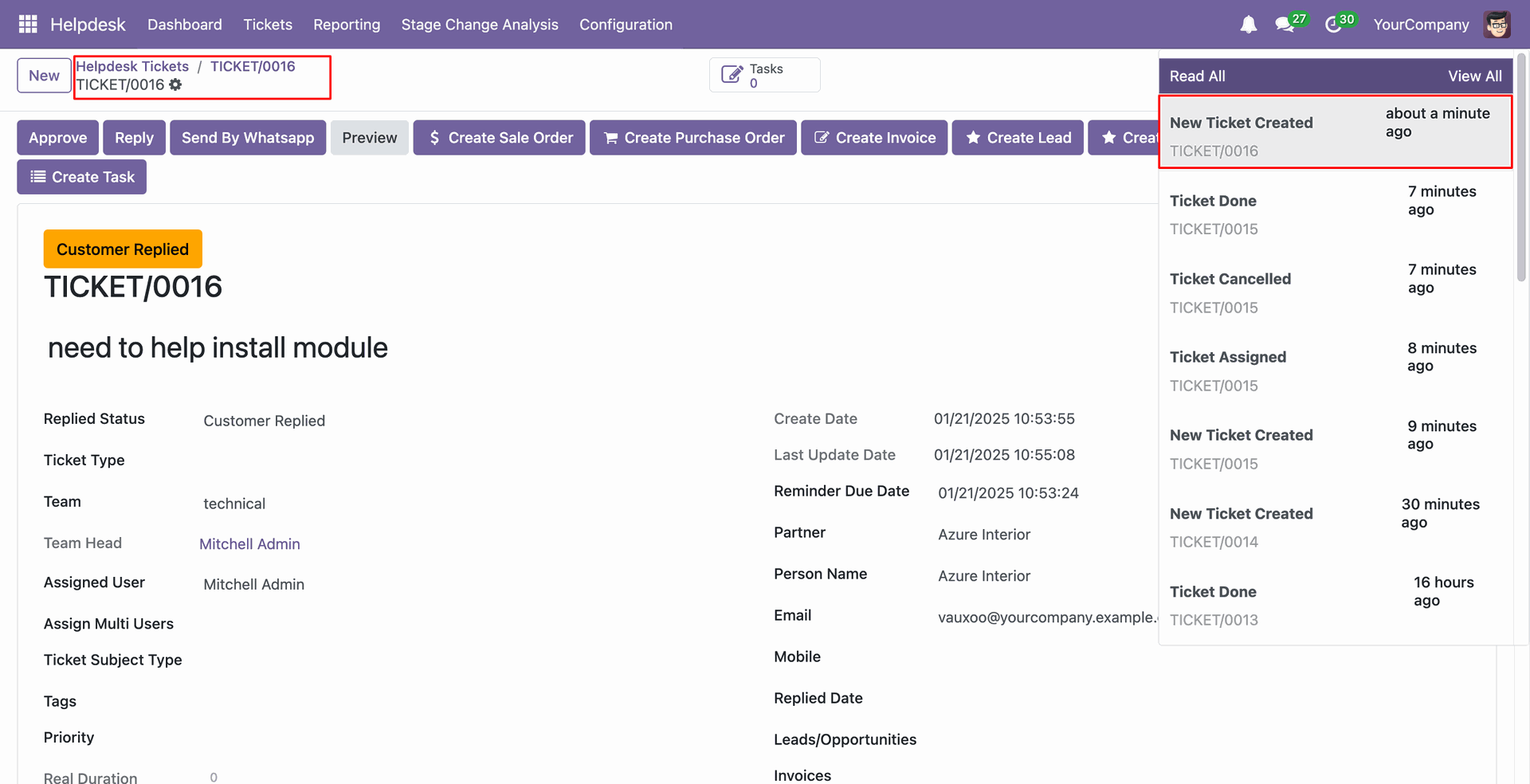 New Helpdesk ticket creation notification in notification panel