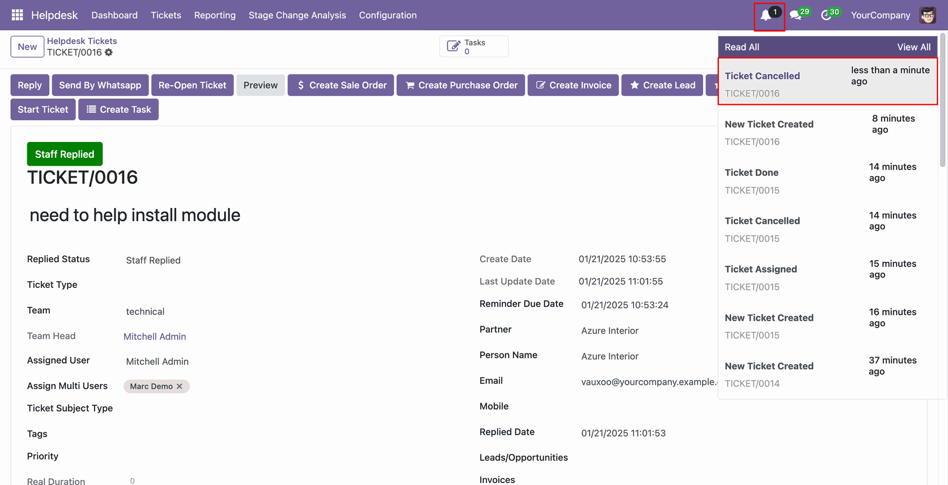 Admin notification when Helpdesk ticket stage changes