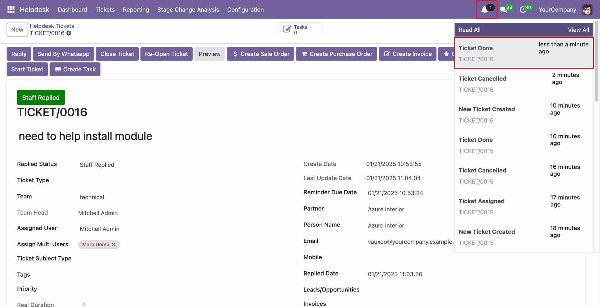 Helpdesk ticket completion notification in notification panel