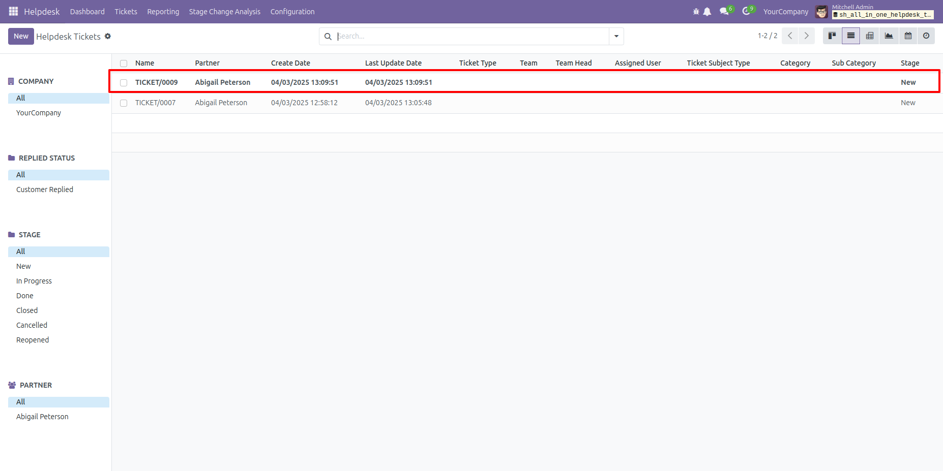 Newly created Helpdesk ticket displayed in bold in tree view