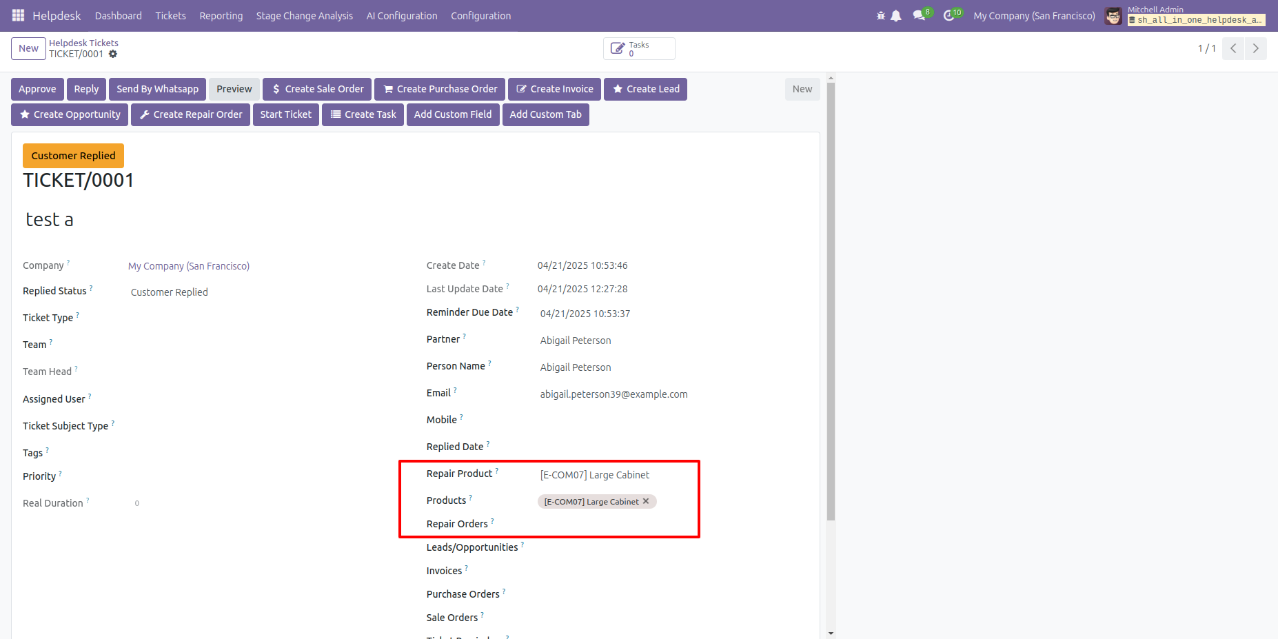 Add repair products to a Helpdesk ticket