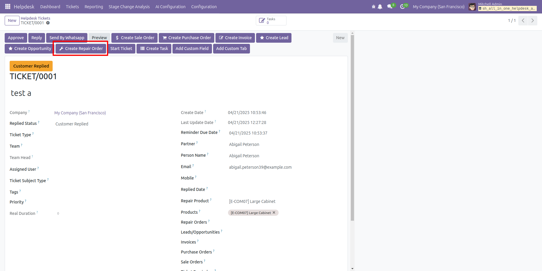 Create a repair order from a Helpdesk ticket