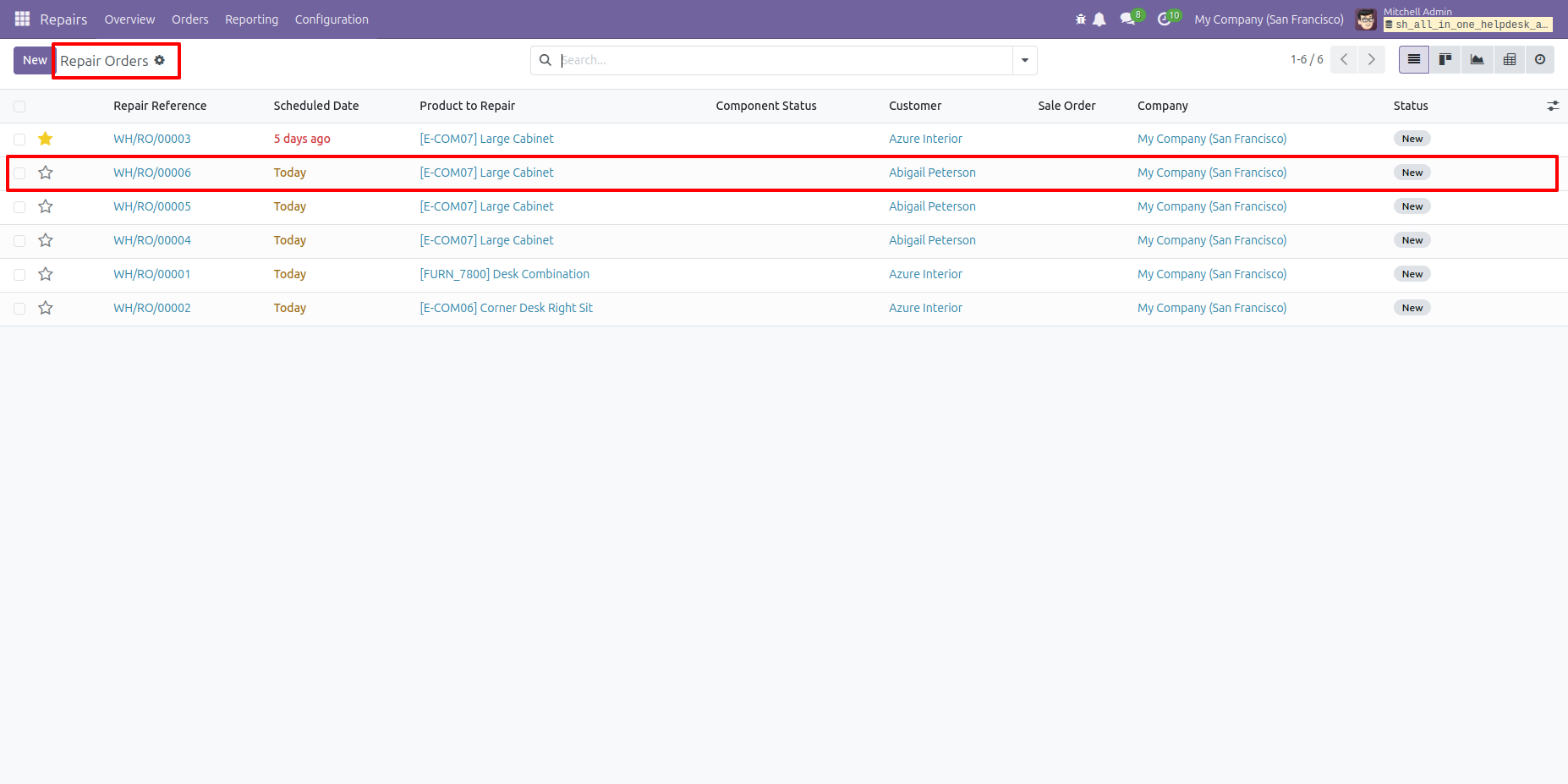 Repair orders displayed in tree view