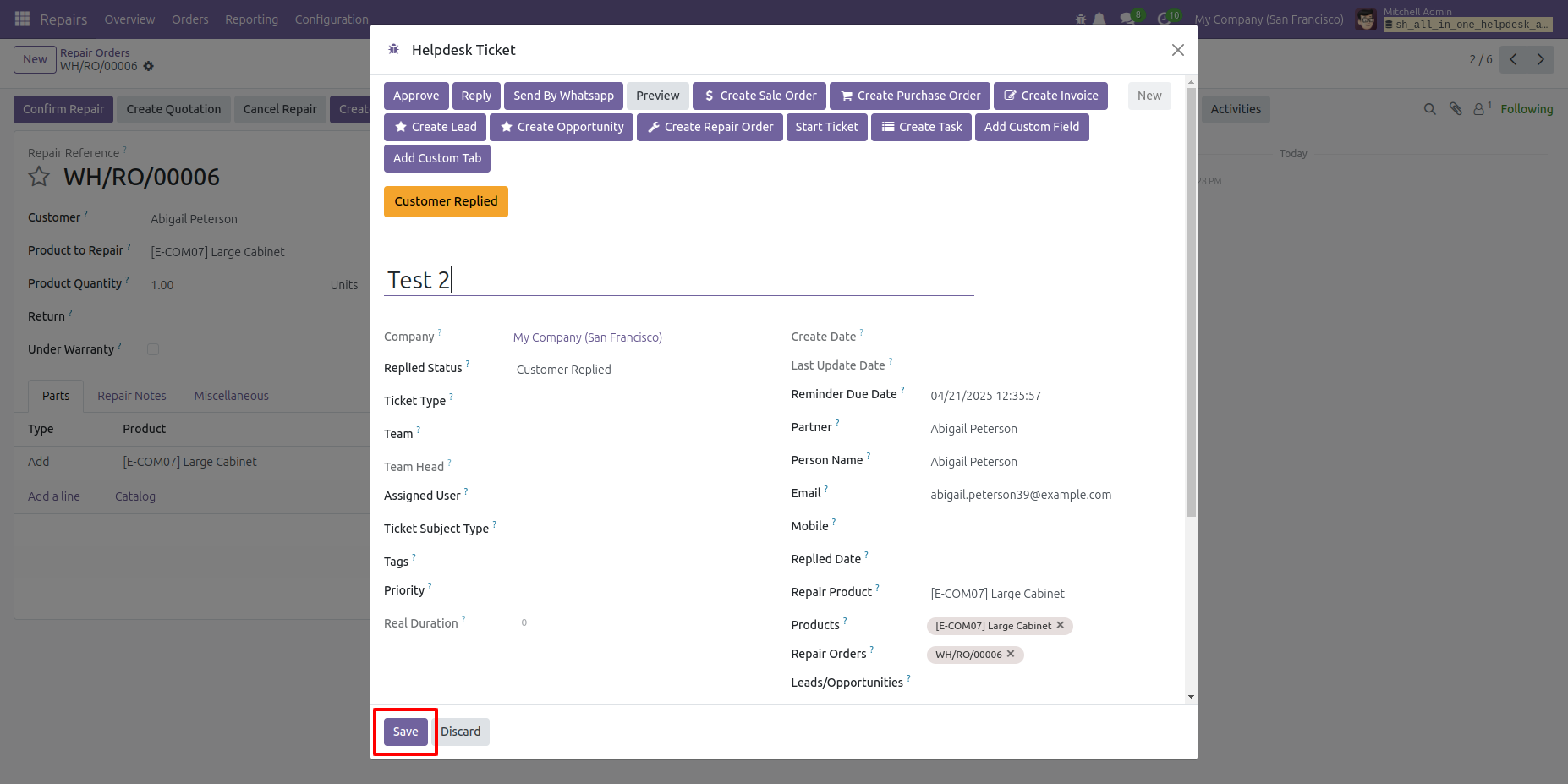 Helpdesk ticket form showing linked repair product and repair order