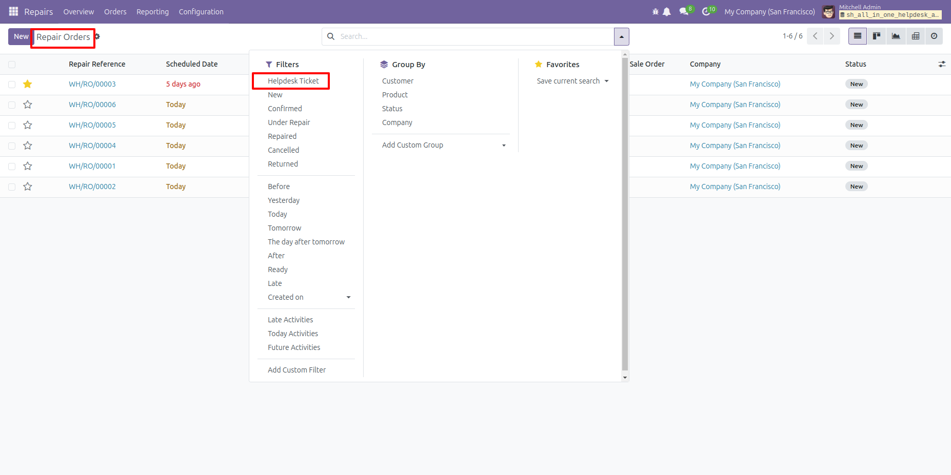 Filter repair orders by Helpdesk Tickets