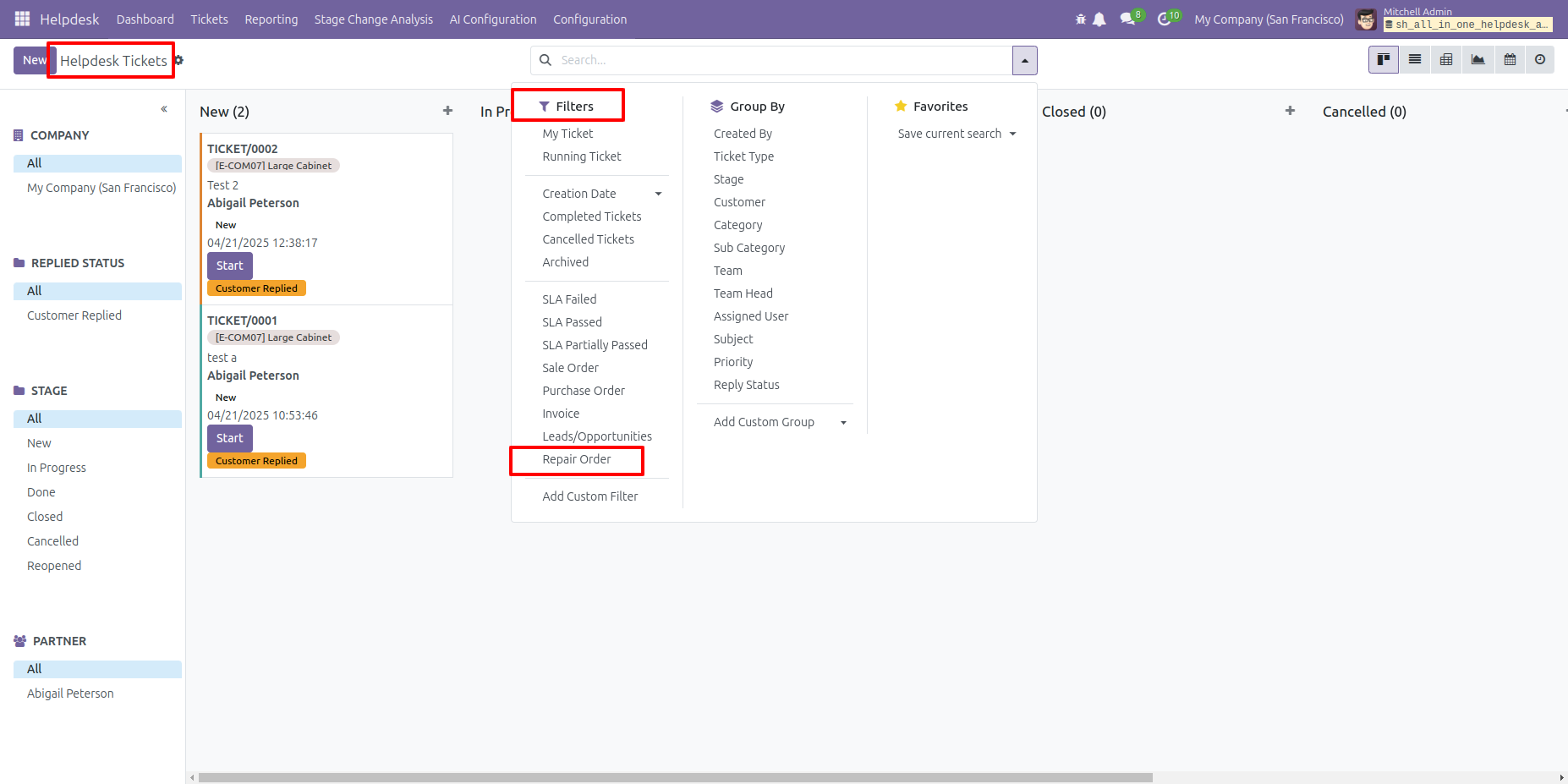 Filter Helpdesk tickets by Repair Order