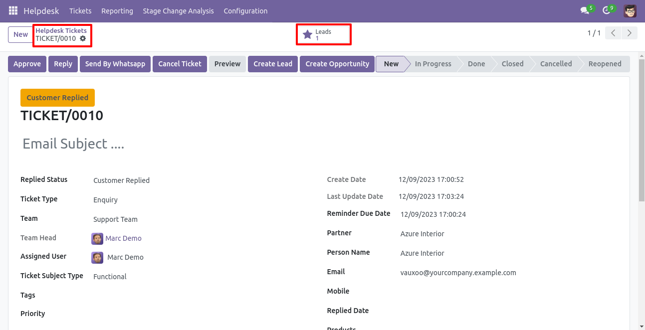 Helpdesk ticket showing generated leads