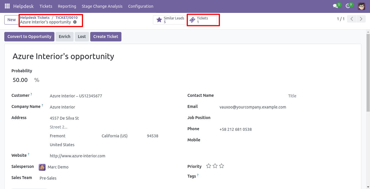 Lead showing linked Helpdesk tickets