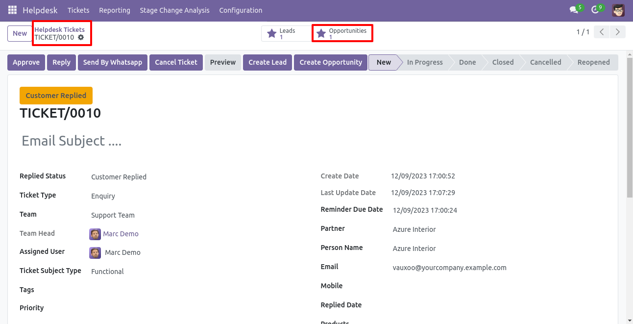 Helpdesk ticket showing generated opportunities