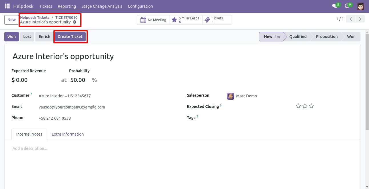 Create a Helpdesk ticket from a lead or opportunity