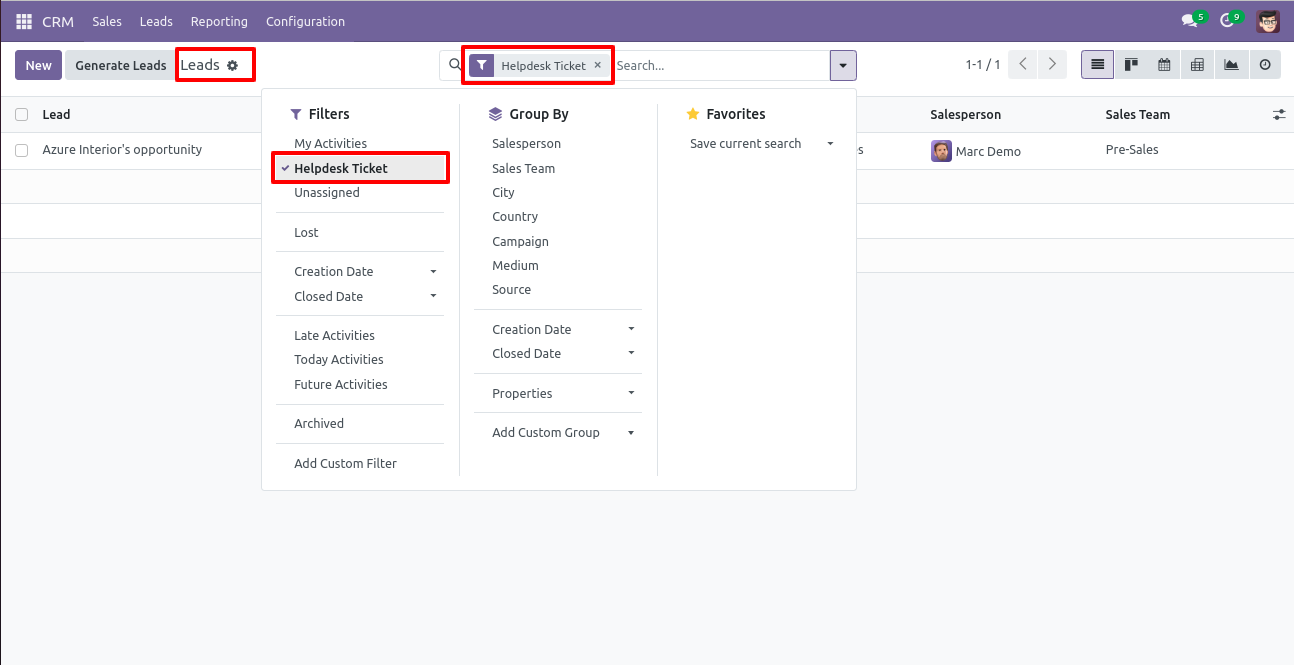 Filter leads or opportunities by linked Helpdesk tickets
