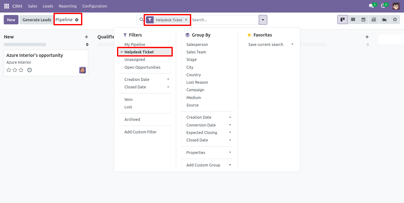 Filter Helpdesk tickets linked to CRM leads or opportunities