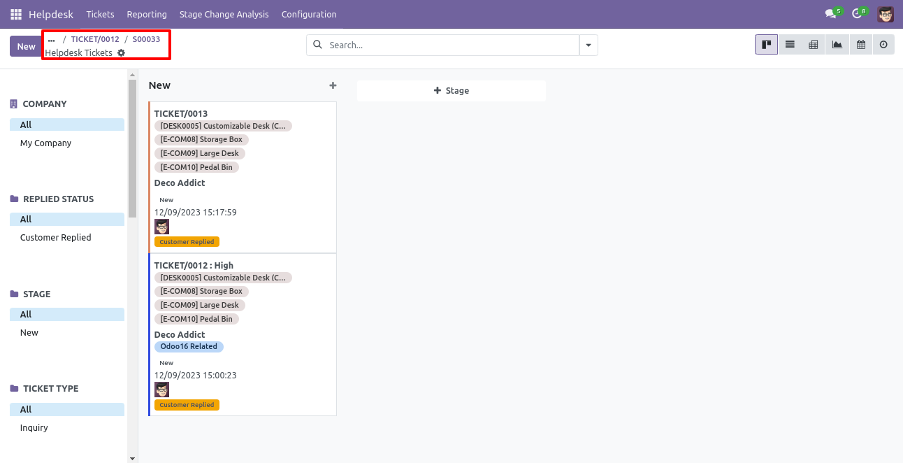 Helpdesk tickets in Kanban view
