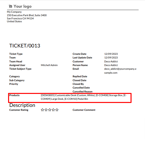 Helpdesk ticket PDF report with products