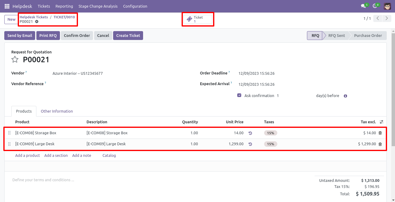 Purchase order showing linked Helpdesk tickets