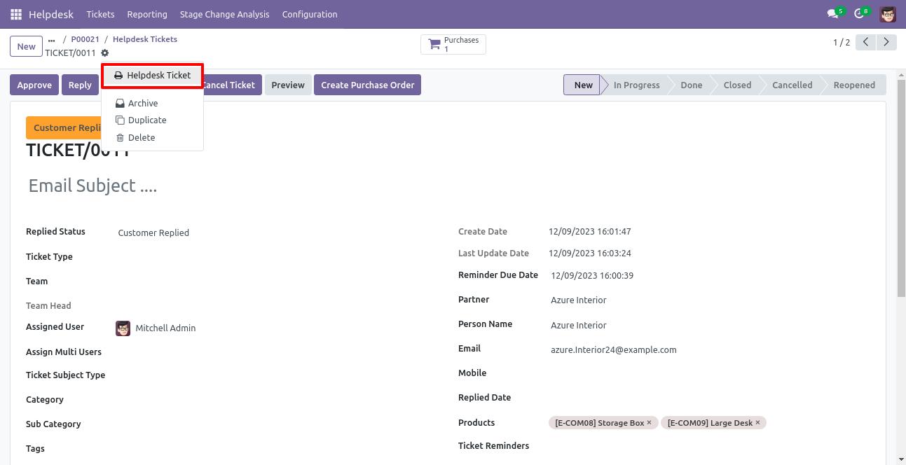 Print Helpdesk ticket from the ticket action menu