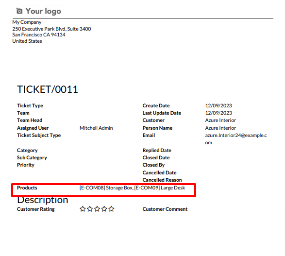 Helpdesk ticket PDF report with products