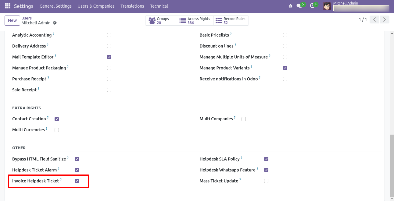 Enable Invoice Helpdesk Ticket security group