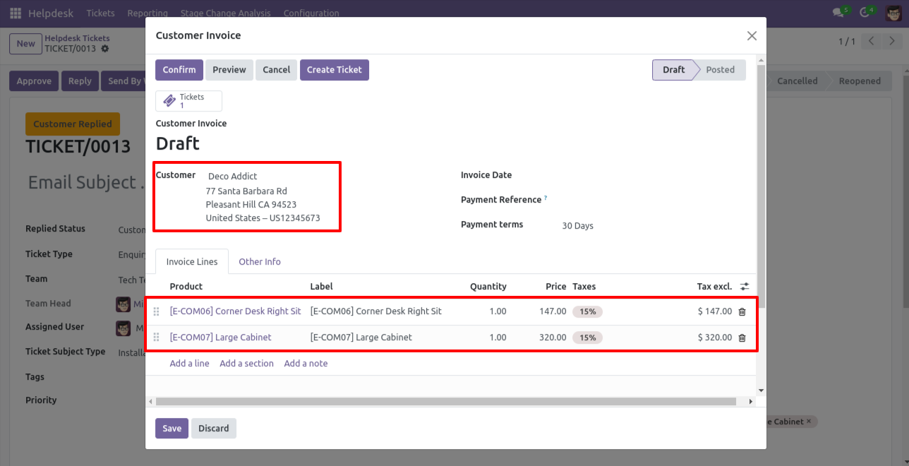 Create Invoice wizard with customer and product details