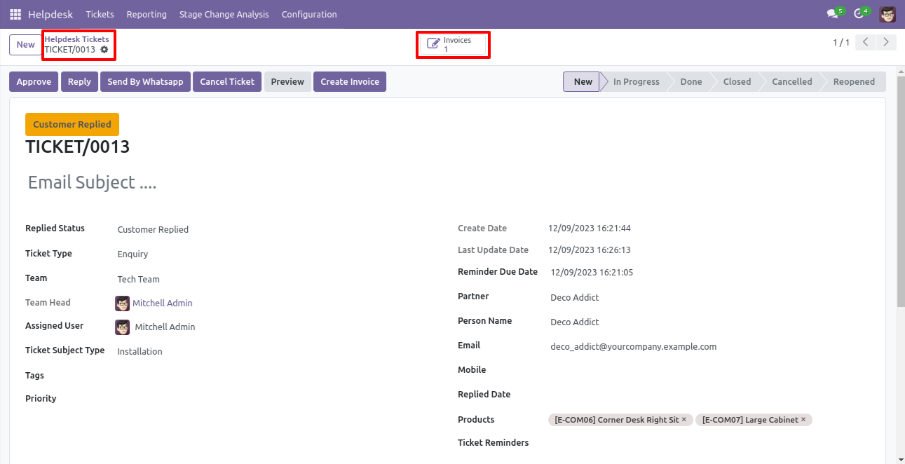 Helpdesk ticket showing linked invoices