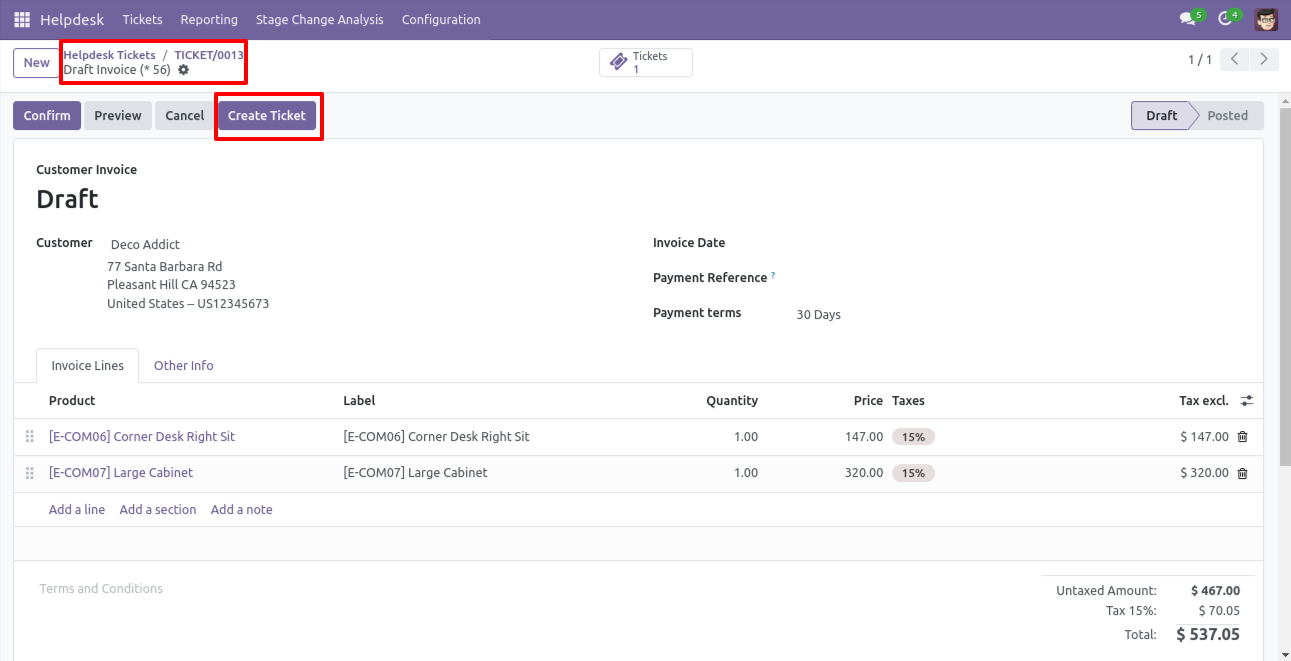 Create a Helpdesk ticket from an invoice