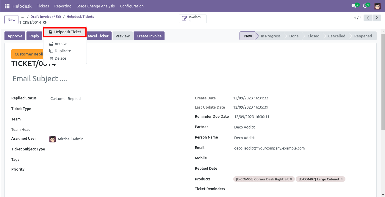 Helpdesk ticket form view with invoice details
