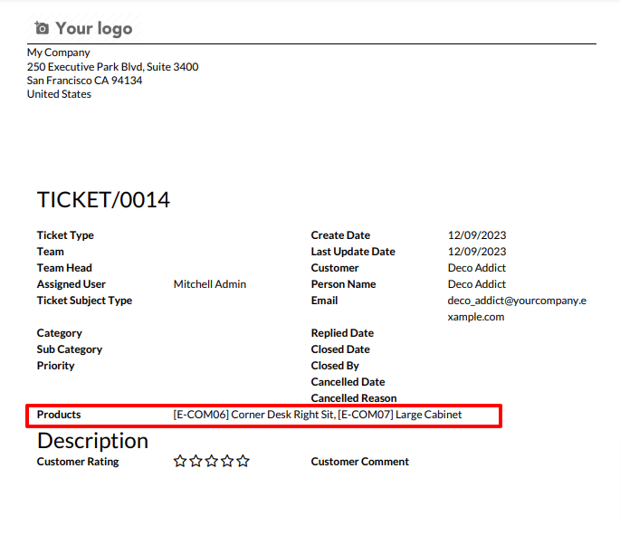 Helpdesk ticket PDF report with products