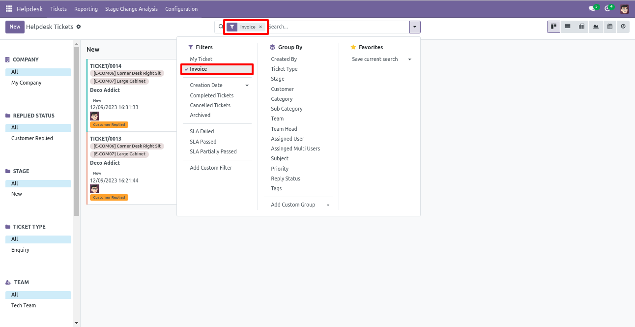 Filter Helpdesk tickets by invoice