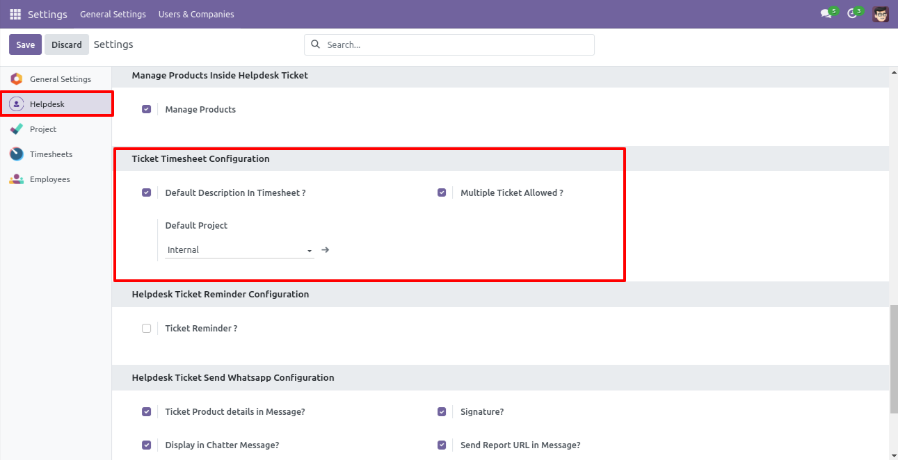Configure default timesheet description and project settings