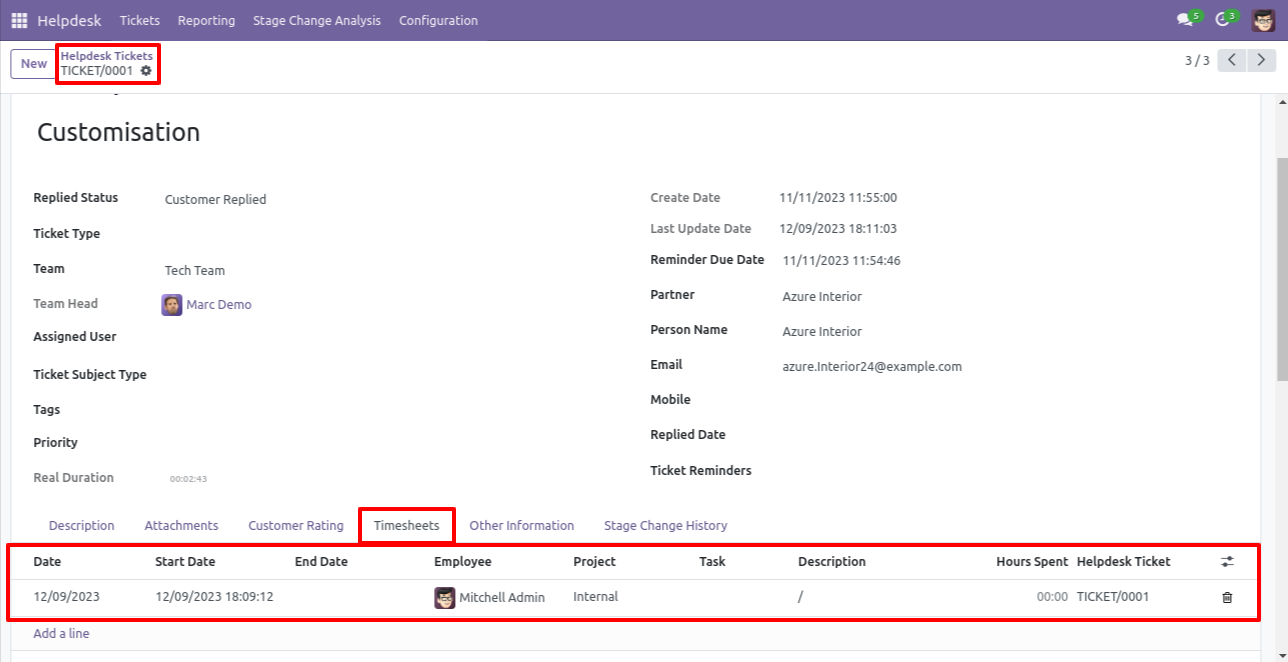 Helpdesk ticket showing active timesheet entry