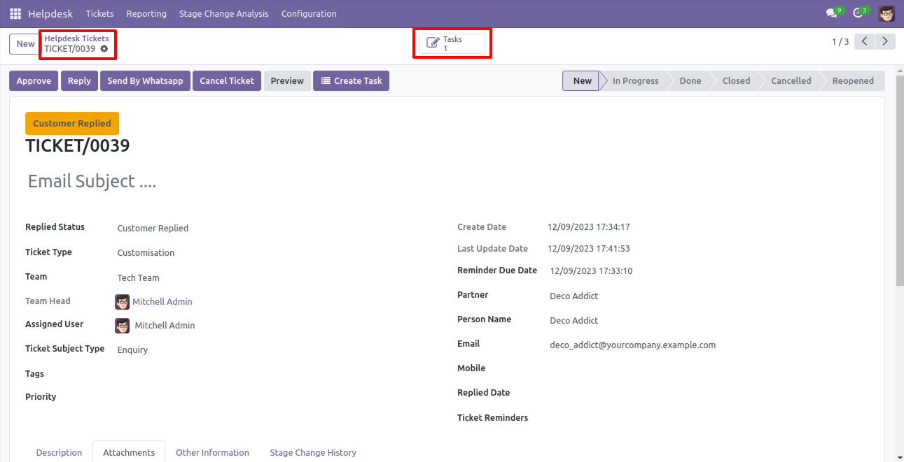 Helpdesk ticket showing linked task number