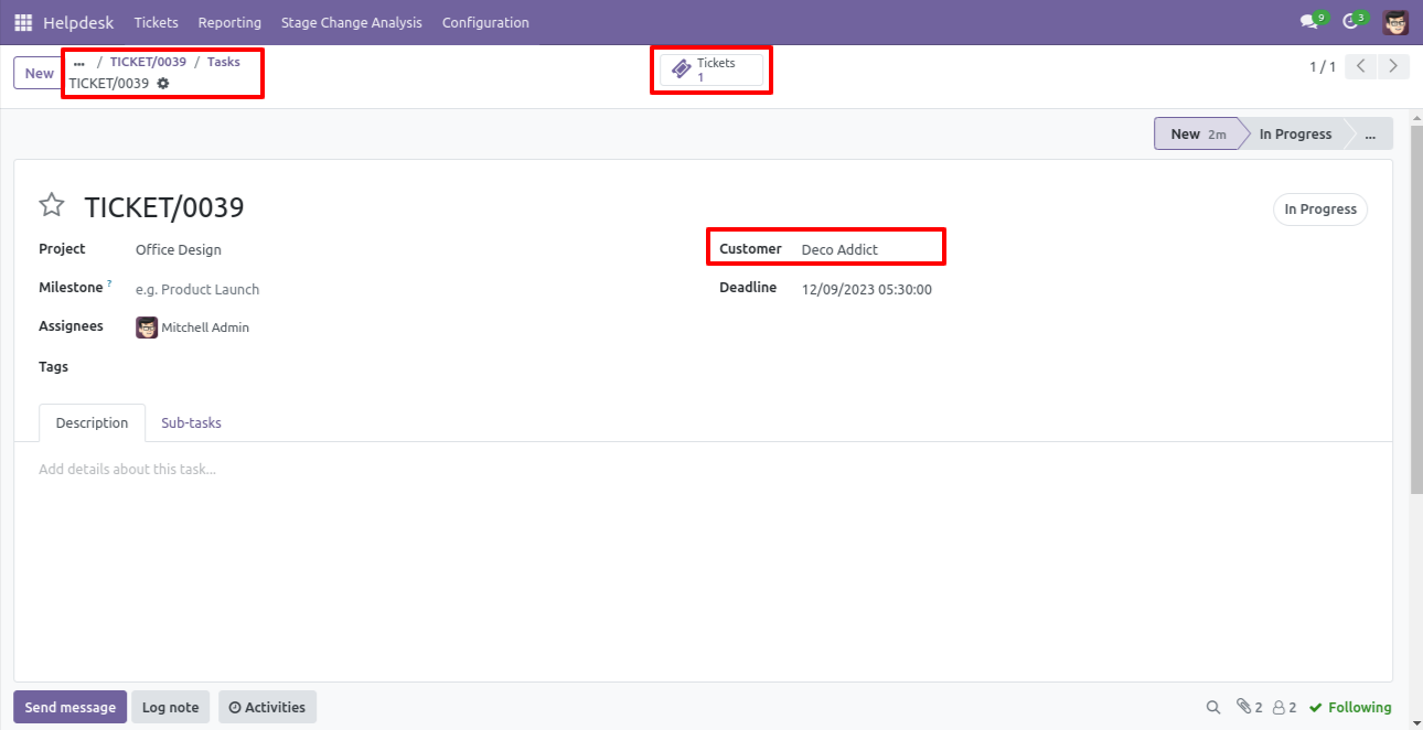 Task showing ticket information and attachments with linked Helpdesk ticket