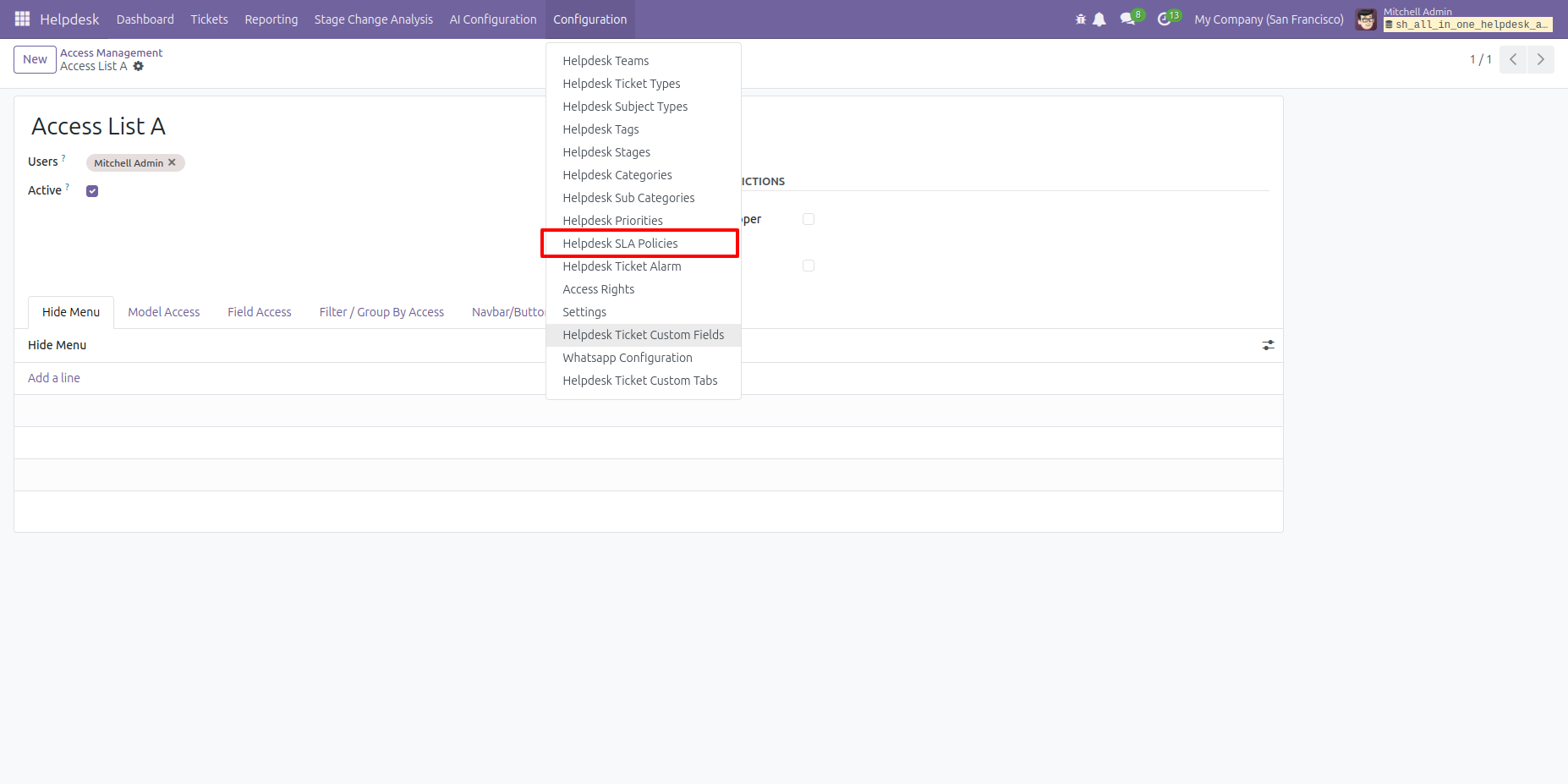Helpdesk SLA Policies menu
