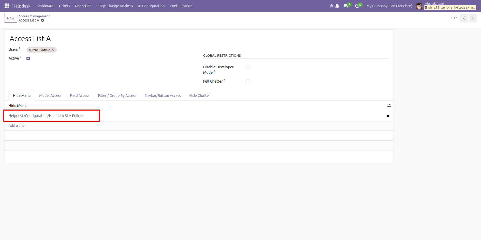 Selected Helpdesk menu in Access Management