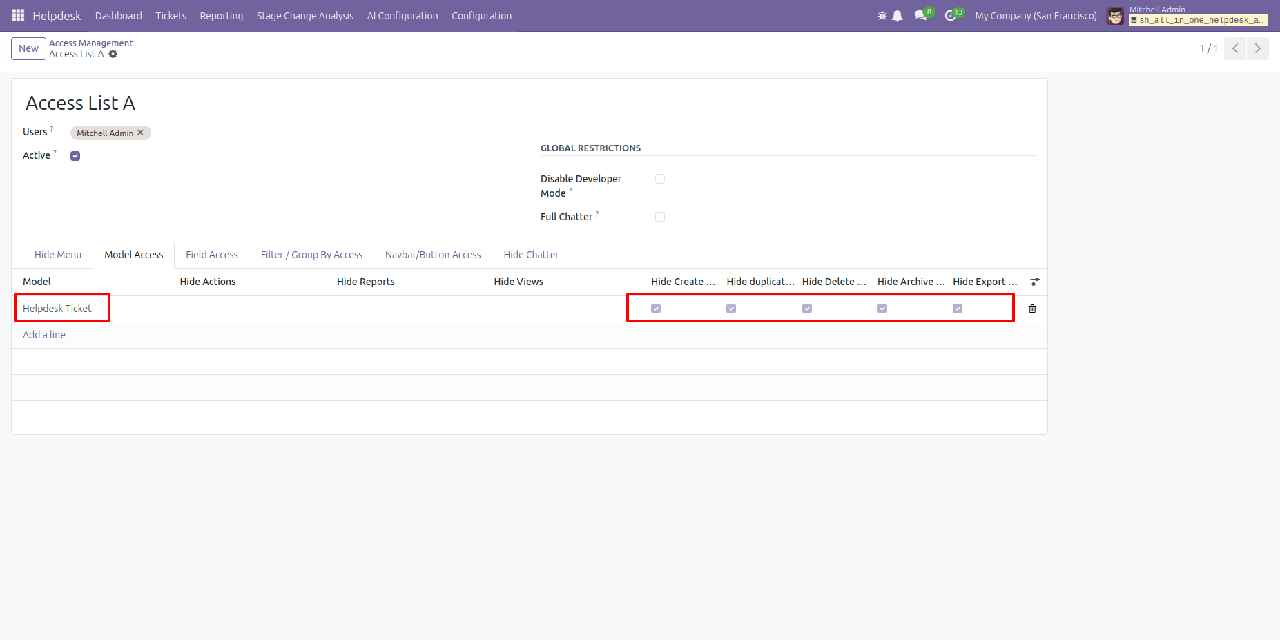 Configure Helpdesk access to hide create, duplicate, delete, archive, and export options