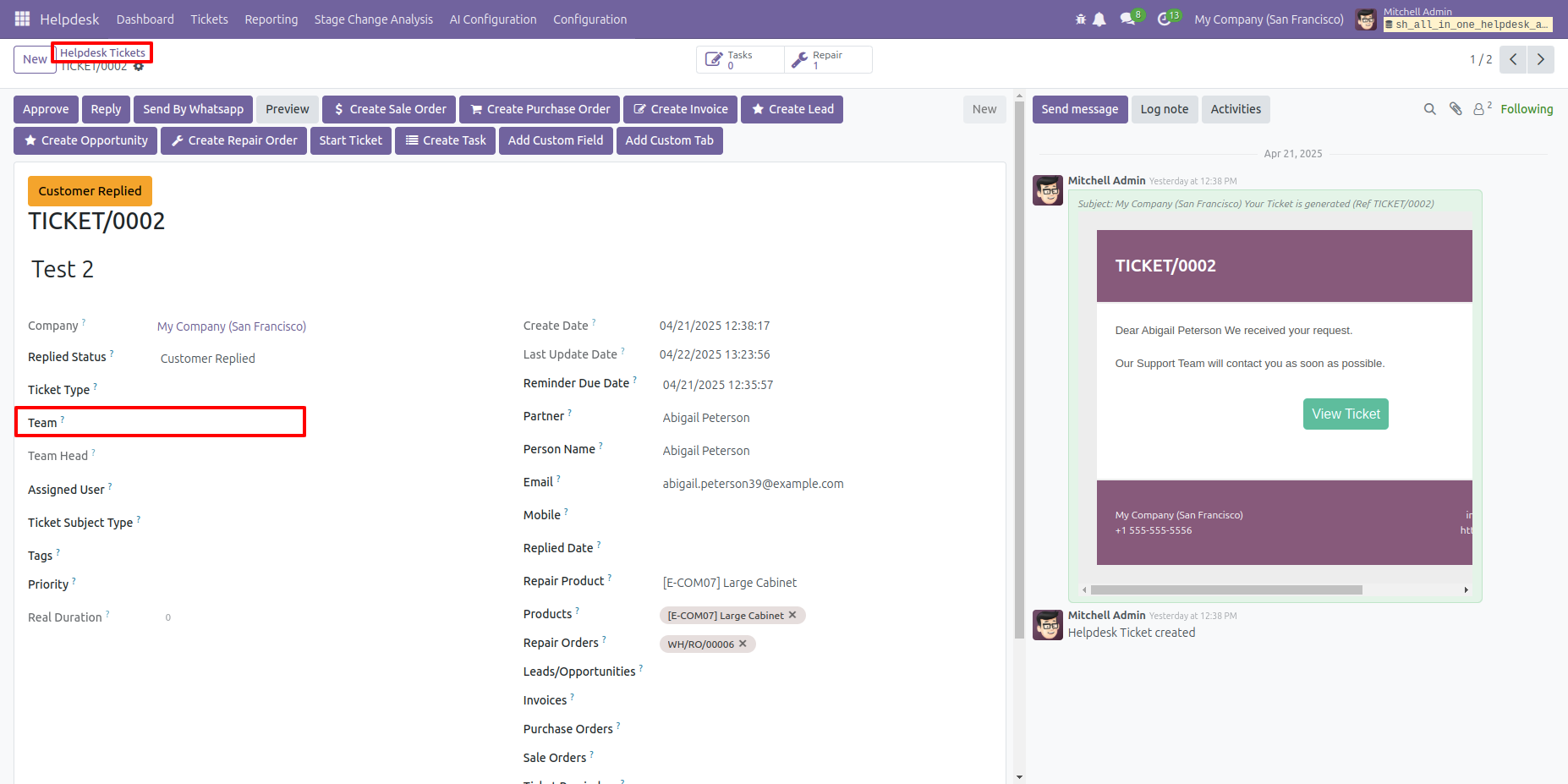 Helpdesk ticket form showing the Team field