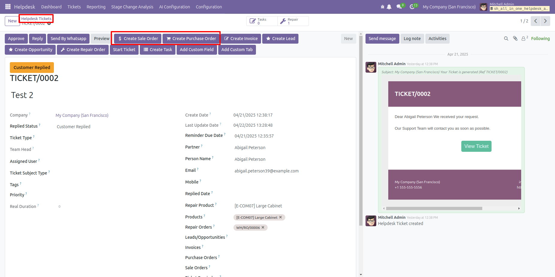 Helpdesk ticket form showing Sale Order, Purchase Order, and Description options