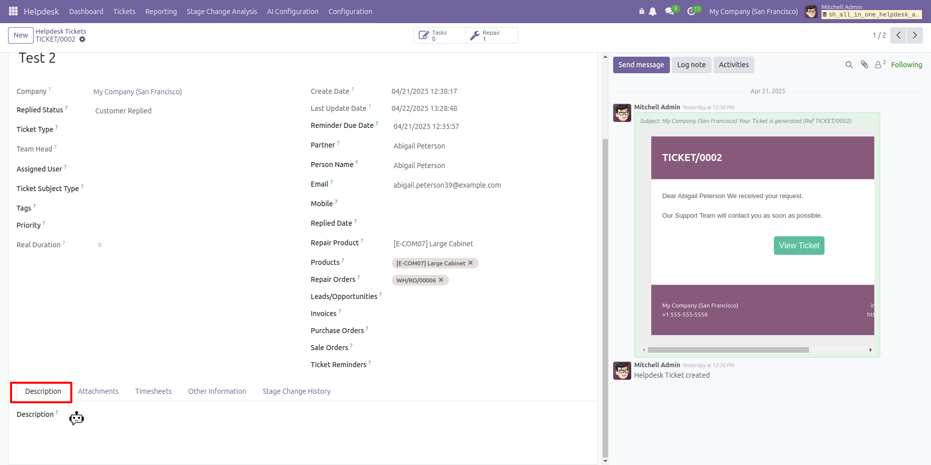 Helpdesk ticket form showing the Description tab and chatter panel